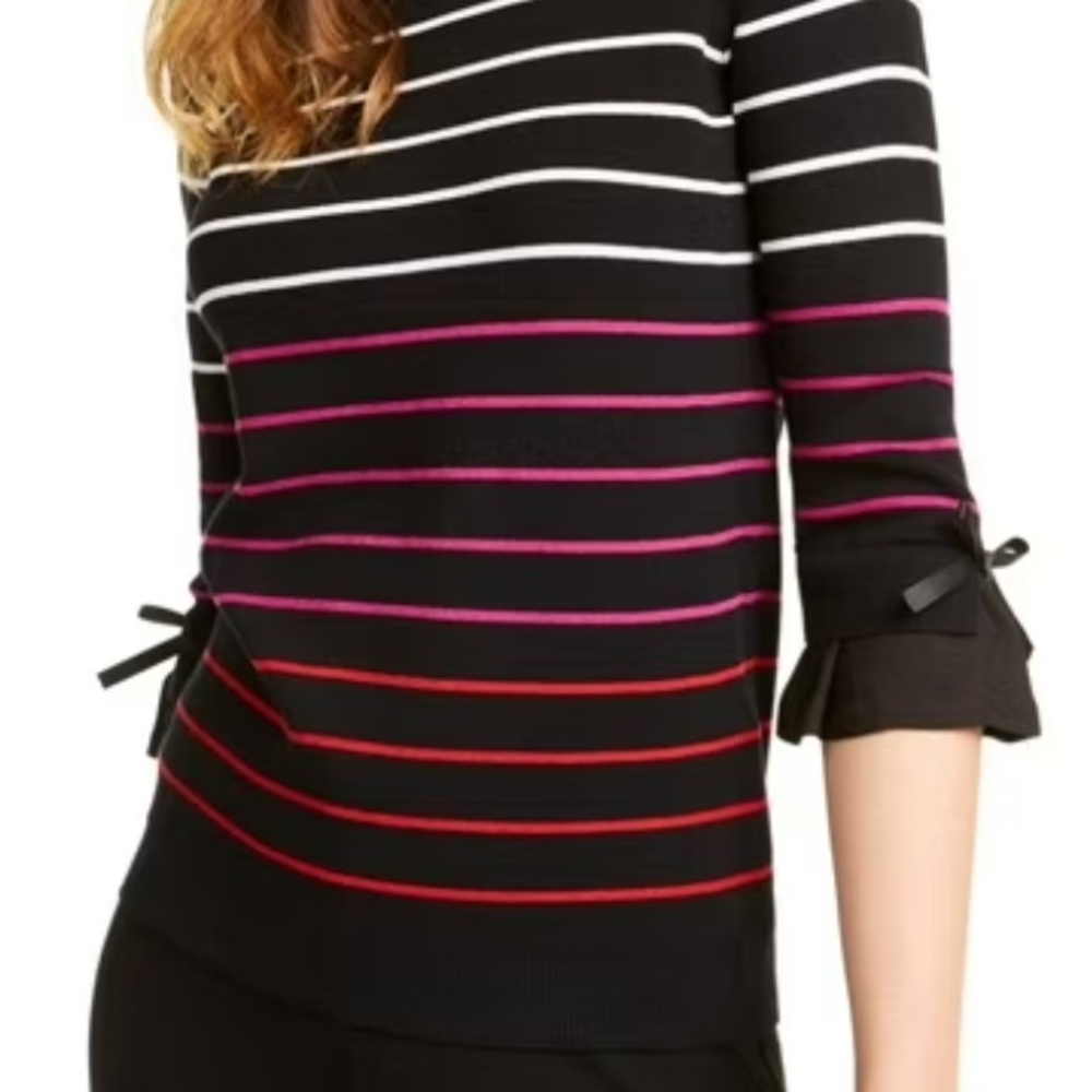 Maison Jules Womens Ribbed Trim Striped Crewneck Sweater Black XXL